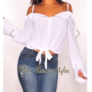White Off Shoulder Button Down Tie Up Top